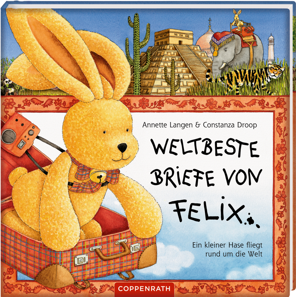 Auf einem farbenfrohen Buchcover sitzt ein gezeichnetes, gelbes Stoffkaninchen mit einem Koffer vor Wahrzeichen aus aller Welt.