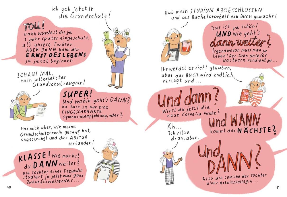 Sechs Cartoon-Mädchen mit Sprechblasen über Schule, Abschluss und Eltern, die fragen: „Und dann? Wie geht es weiter?“.