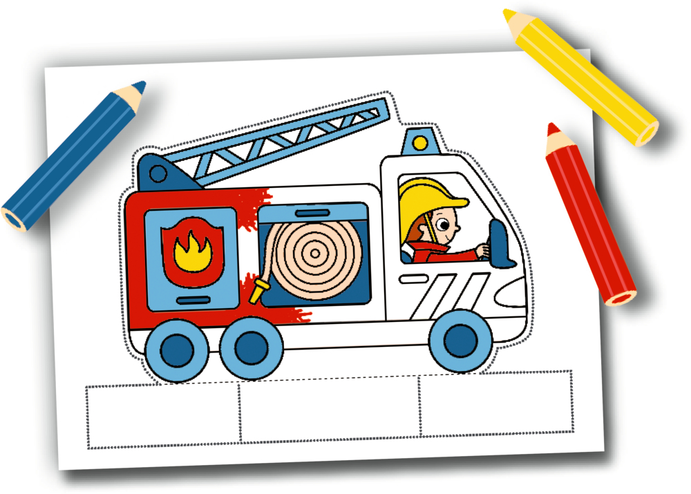 Zeichnung eines Feuerwehrautos mit Feuerwehrmann, umgeben von roten, blauen und gelben Buntstiften.