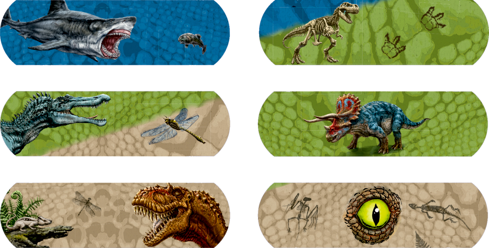 Sechs Streifen mit Abbildungen von Dinosauriern.