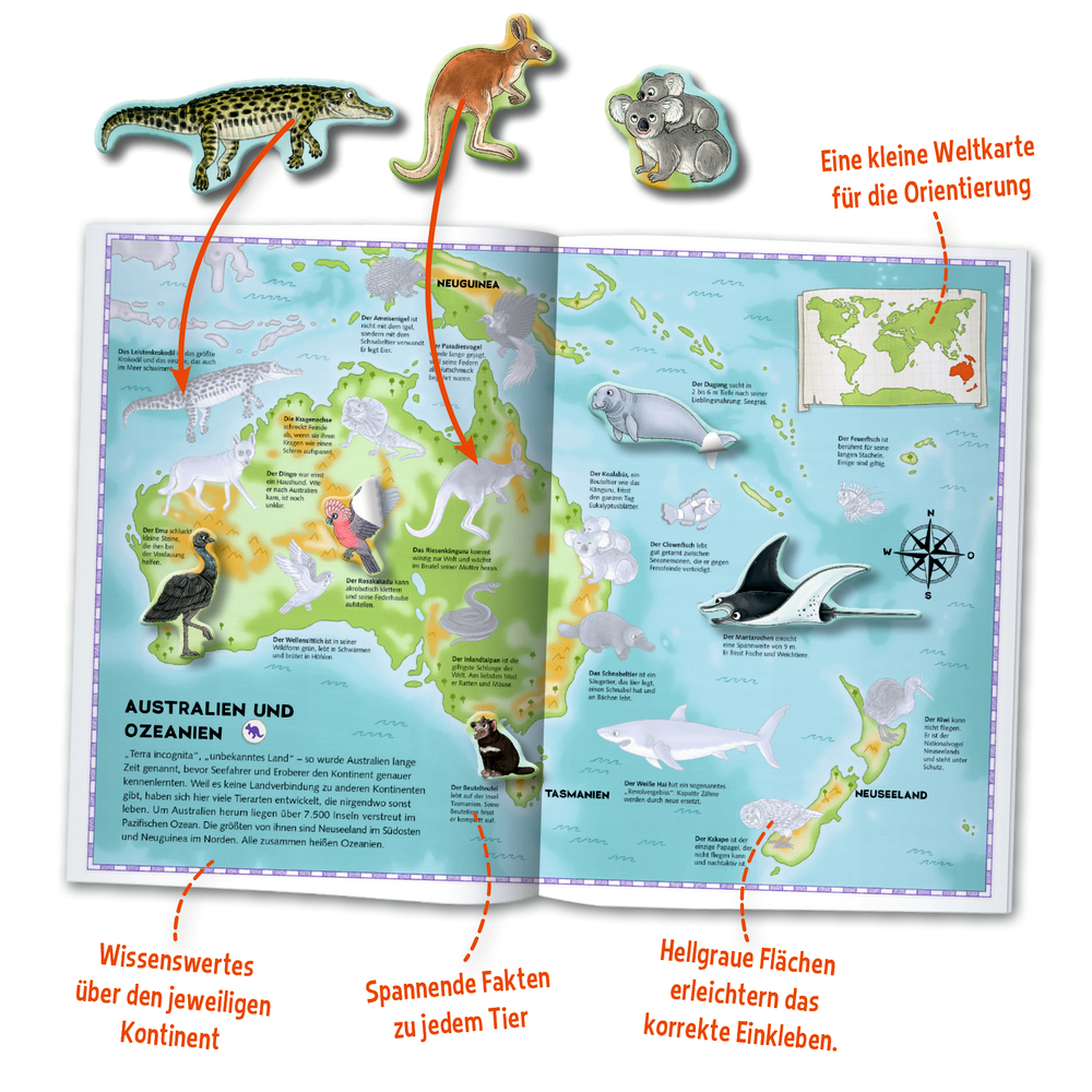 Aufgeschlagenes Kinderbuch mit Australienkarte, Tieren, Steckplätzen und drei Tierstickern darüber.