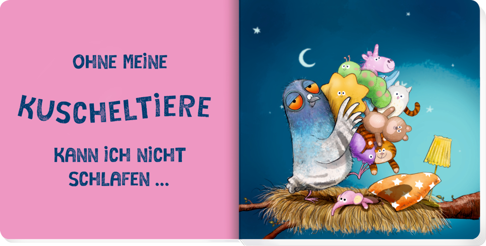 Gezeichneter Vogel sitzt in einem Nest mit vielen Kuscheltieren, daneben Kissen und Lampe, Nachthimmel mit Mond und Sternen.