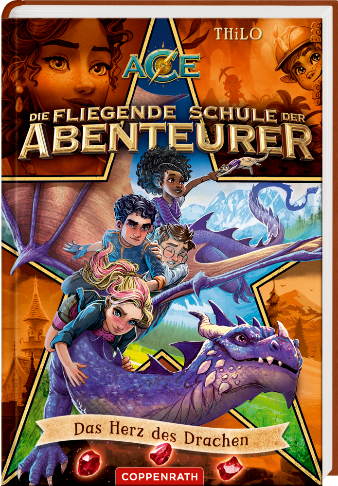 Vier Kinder reiten auf einem lila Drachen mit magischen Symbolen, auf dem Cover von "Die fligende Schule der Abenteuerer".