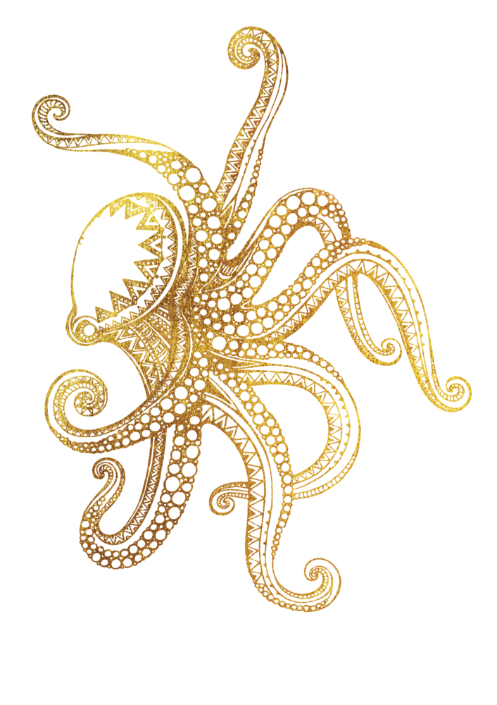Goldener Oktopus mit detaillierten, wirbelnden Tentakeln auf weißem Hintergrund.