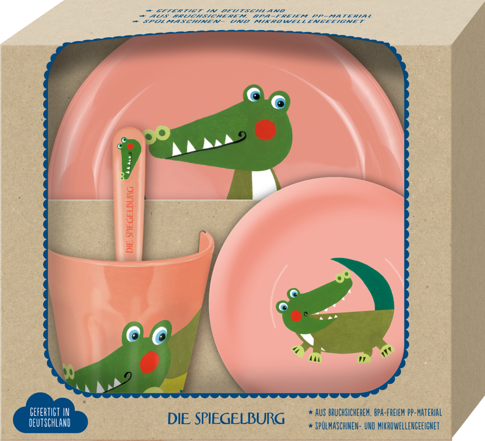 Kindergeschirrset mit Krokodilmotiven: Becher, Schüssel, Teller und Löffel in einer Box.