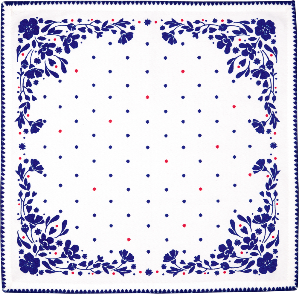 Weiße Stoff-Serviette mit blauen Blumenrändern und kleinen blauen sowie roten Punkten in der Mitte.