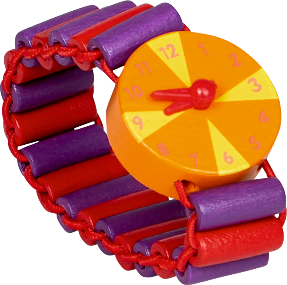 Spielzeuguhr mit gelb-orangefarbenem Zifferblatt und rot-violettem Perlenarmband; farbenfrohes und verspieltes Design.