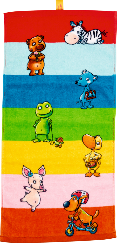 Gestreiftes Handtuch mit niedlichen Cartoon-Tieren – Bär, Zebra, Maus, Frosch, Ente, Schwein und Hund auf einem Roller.