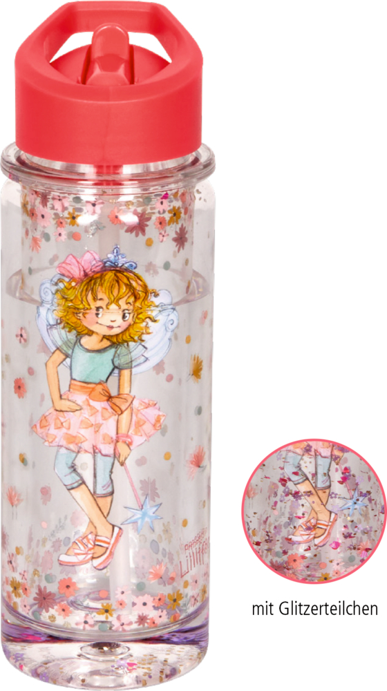Durchsichtige Wasserflasche mit rotem Deckel und Feenmotiv. Dazu eine Detailansicht von Glitzerteilchen.