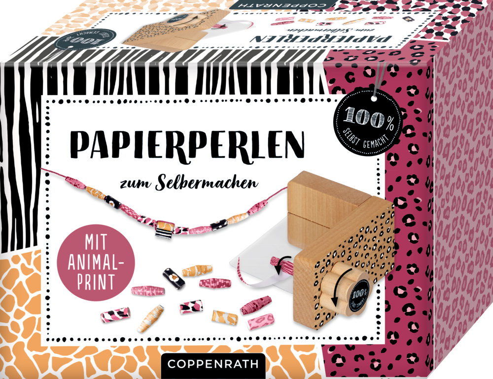 Verpackung: Coppenrath Papierperlen-Bastelset: Papier mit Tiermuster, Perlen und Werkzeug zur Perlenherstellung inklusive.