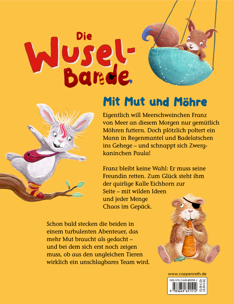 Buchrückseite: Illustration mit einem grauen Kaninchen auf einem Ast, einem Eichhörnchen in einer Schaukel und einem Meerschweinchen mit Möhre.