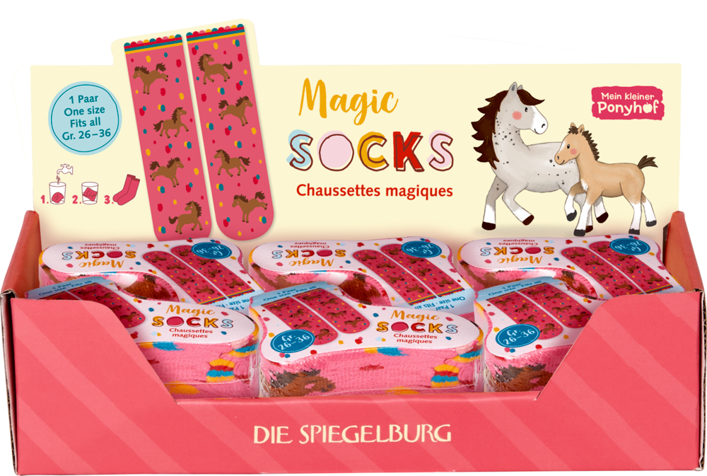 Papp-Display mit Pferdeillustration und mehreren rosa Sockenpaketen.