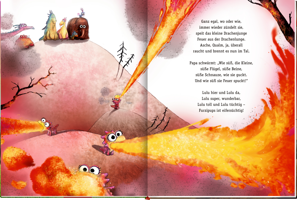 Zwei bunte Comic Darchen interagieren, einer spuckte Feuer und überraschte den anderen, auf einer Innenansicht mit Text.