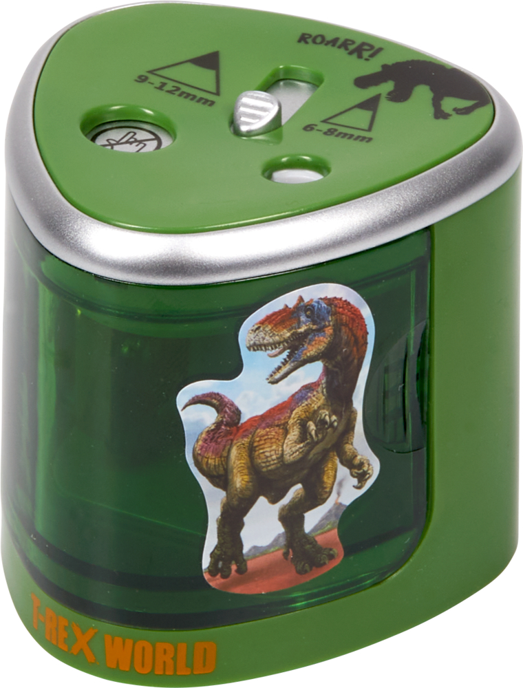 Grüner Dinosaurier-Bleistiftspitzer mit zwei Löchern und einem T-Rex-Aufkleber auf der Vorderseite.