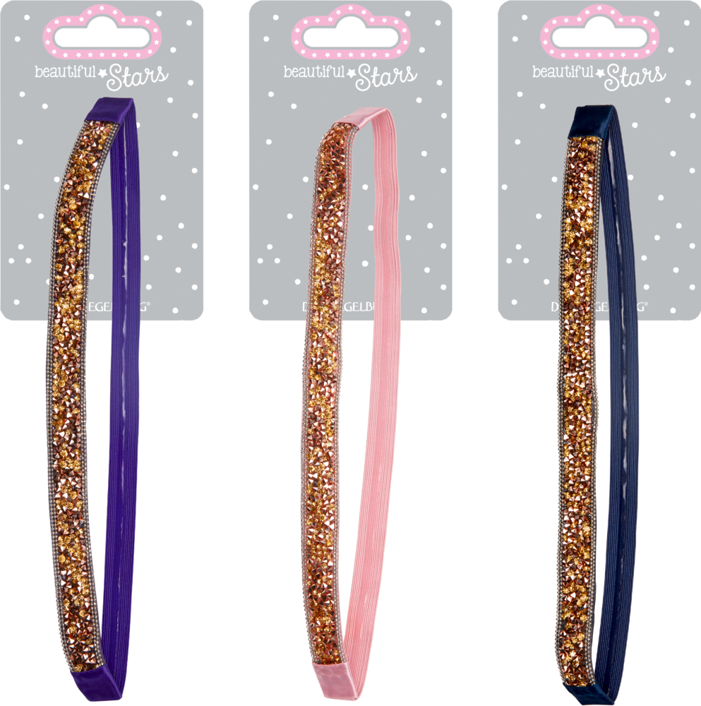 Drei glitzernde Stirnbänder – Lila, Pink und Marineblau – auf einer Beautiful Stars-Verpackung mit grauen Punkten.