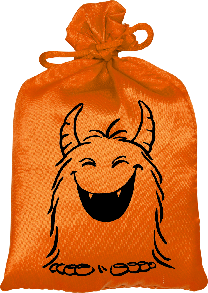 Leuchtend orangener Beutel mit schwarzem, lachenden Monster-Gesicht mit Hörnern.