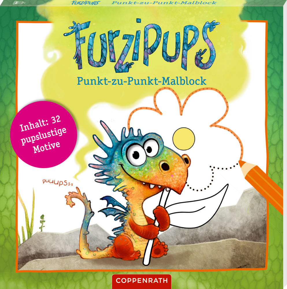 Bunter Drache mit Blatt zeichnet eine Blume auf einem grün-gelben Buchcover eines Punkt-zu-Punkt Malbuchs.