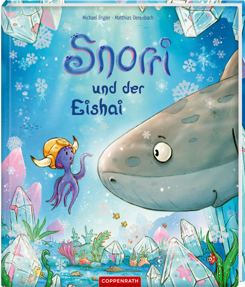 Lächelnder Hai und lila Oktopus mit Wikingerhelm, umgeben von Kristallen und Schneeflocken auf dem Buchcover.