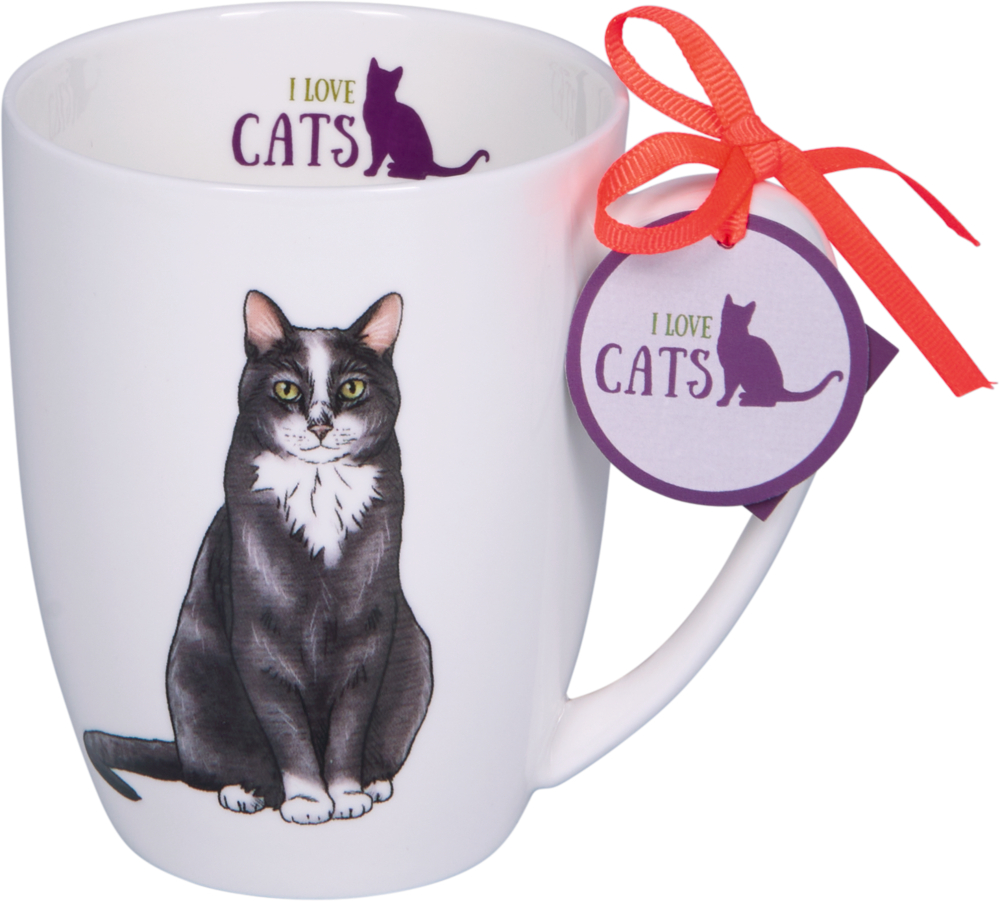Weiße Tasse mit Katzenmotiv, innen Aufdruck „I love cats“ und roter Schleife mit rundem Anhänger