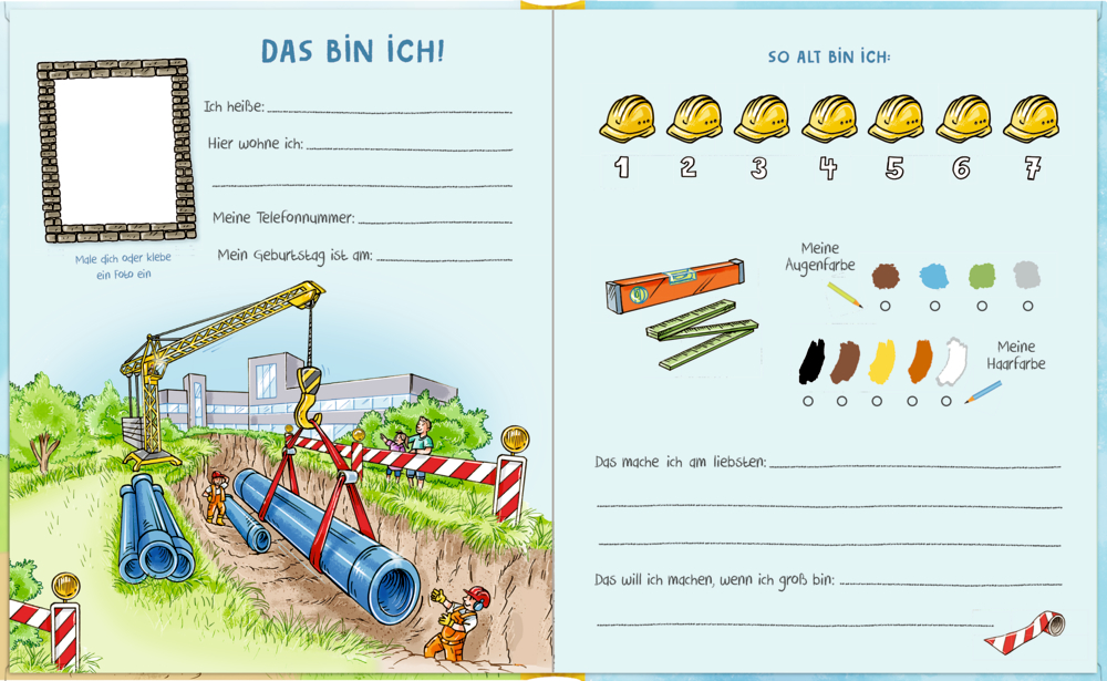 Freundebuchseite Das bin ich! mit bunten Baustellen-Motiven und leeren Feldern für persönliche Angaben und das Alter.