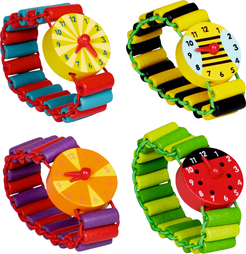 Vier Spielzeuguhren in verschiedenen Farben und mit einem eigenen Zifferblattdesign.