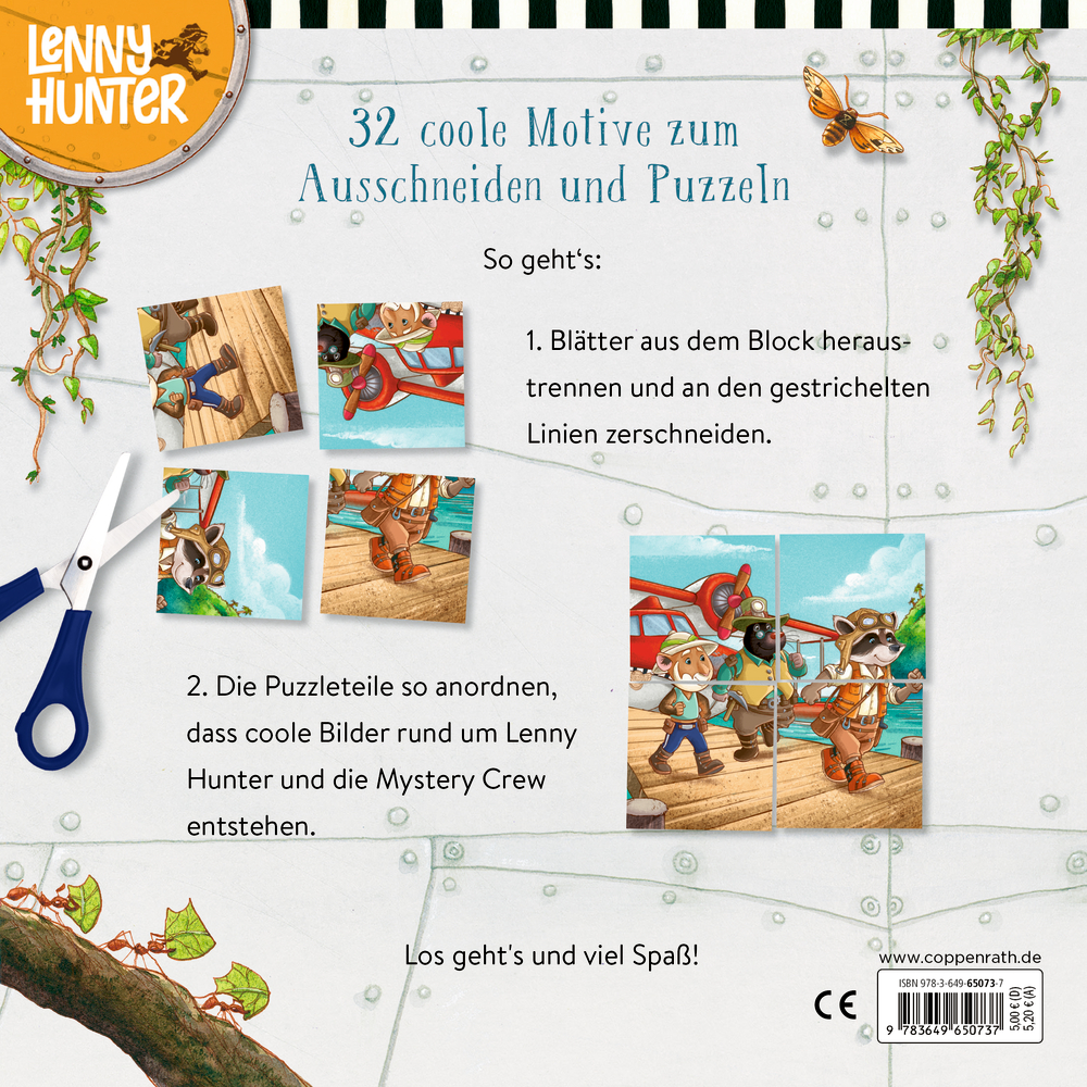 Blockrückseite mit vier ausgeschnittenen Puzzleteilen mit comicartigen Figuren, Schere und Anleitungstext auf hellgrauem Hintergrund.