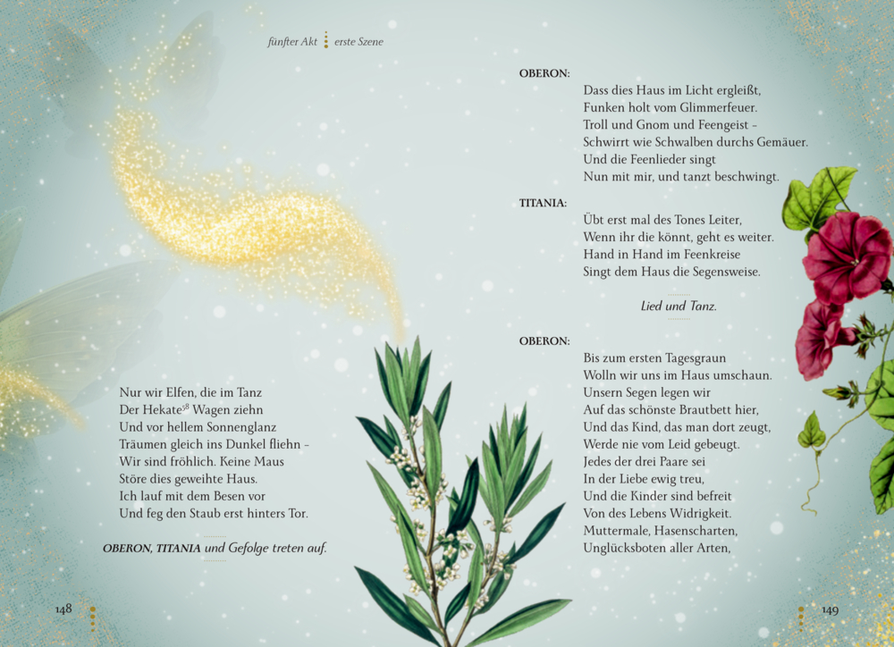 Zweig mit weißen Blüten und rosa Blume vor hellblauem Hintergrund mit goldenem Feenstaub und Text in schwarzer Schrift.