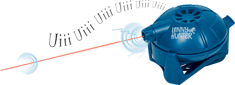 Von einem blauen Gerät gehen ein roter Strahl und blaue Kreise in Form von Schallwellen aus. Dazu der Text "Uiii Uiiii Uiiii" in Wellenform angeordnet.