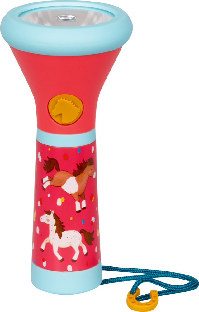 Rot-blaue Kindertaschenlampe mit Pferdeillustrationen und blauem Armband.