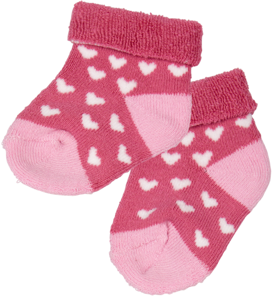 Rosa Babysocken mit weißem Herzmuster und umgeschlagenen Bündchen.