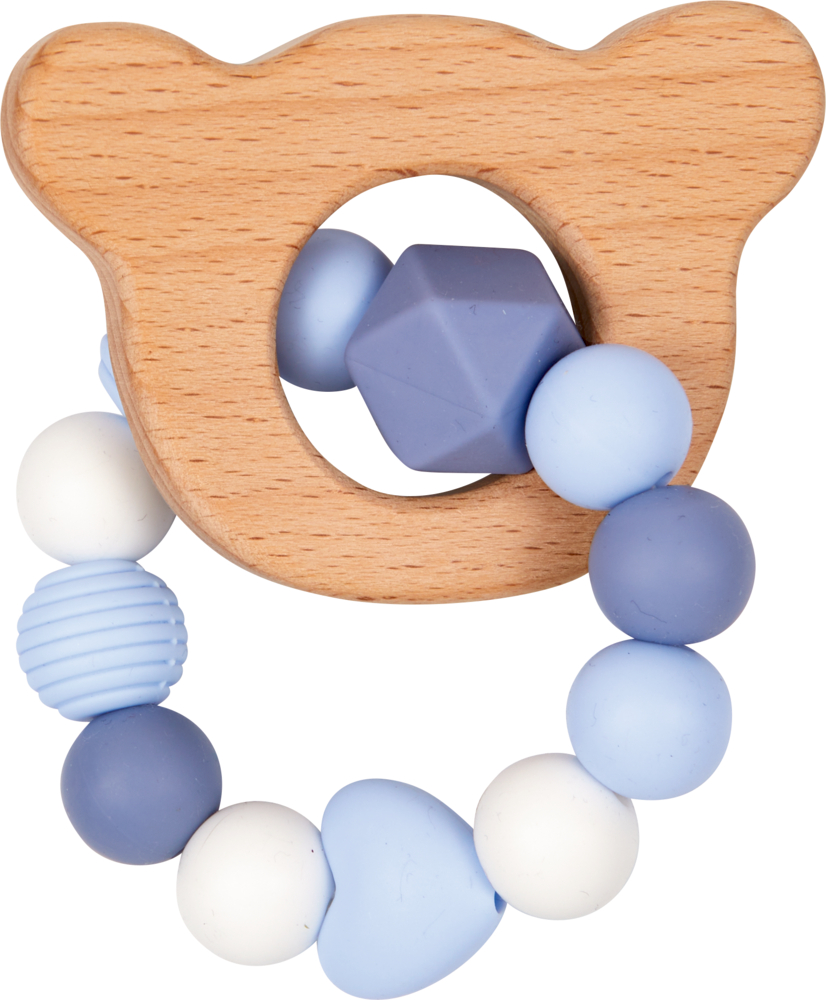 Bärenförmiger Baby-Beißring aus Holz mit blauen und weißen Silikonperlen.