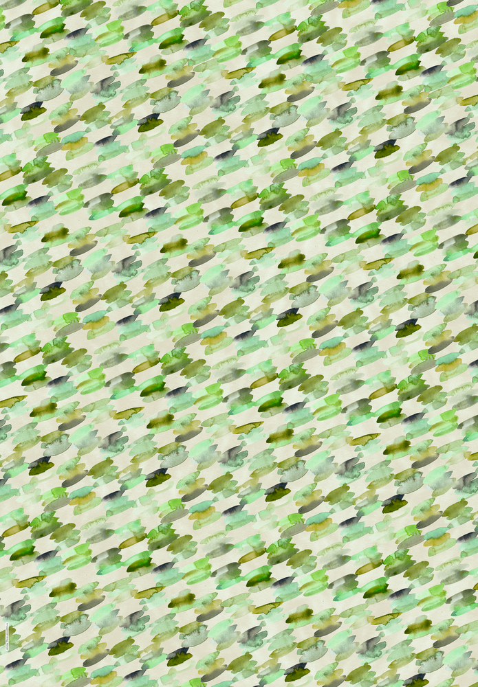 Grüne und beige Pinselstriche bilden ein diagonales abstraktes Muster auf einem hellgrünen Hintergrund.