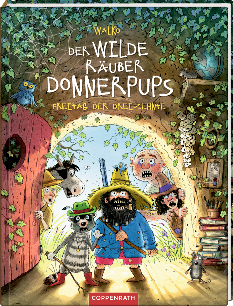 Ein bärtiger Räuber und Tiere stehen am Eingang einer Höhle, während überraschte Menschen von draußen hineinschauen.