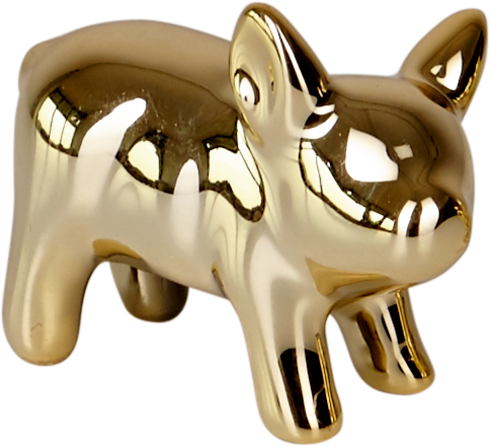 Glänzende, goldfarbene Schweinchenfigur aus Keramik mit großen Ohren, stehend und nach rechts blickend.