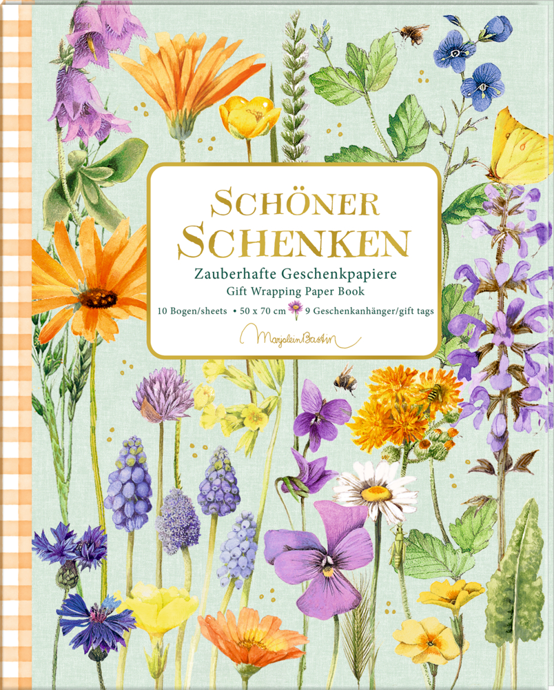 Farbenfrohe Wildblumenillustrationen auf hellgrünem Hintergrund. Zentrierter deutscher Text. Buchcover-Design.