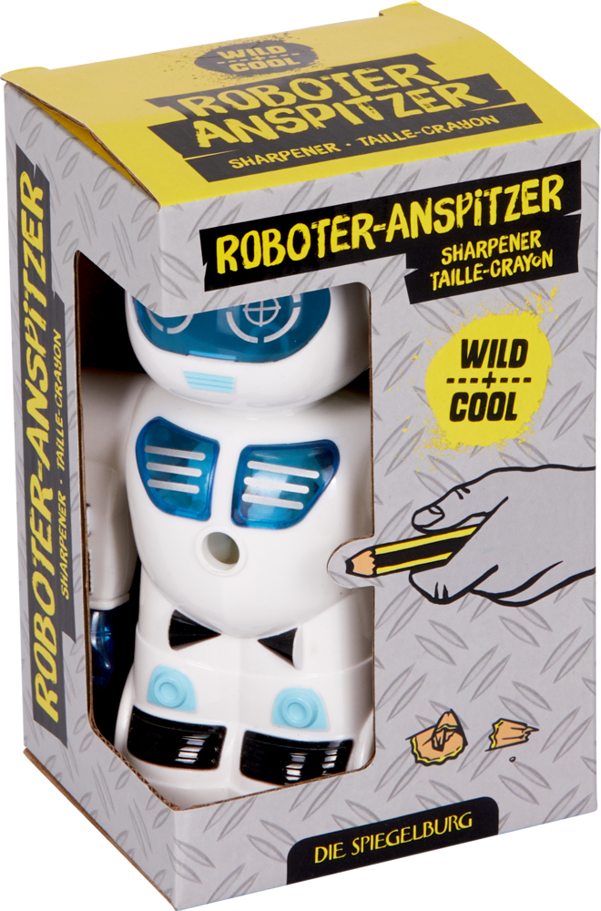 Roboter-Anspitzer in Schachtel mit Illustration: Hand spitzt Bleistift an robotergestaltetem Anspitzer.