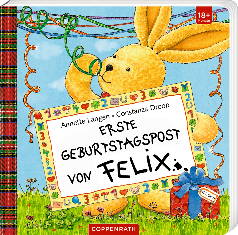 Gelber Hase hält ein Geburtstagsschild und einen Ballon auf einer Wiese mit festlicher Dekoration, auf dem Cover von "Erste Geburtstagspost von Felix".