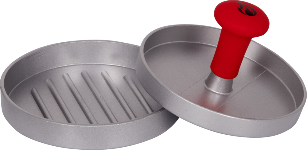Offene, runde Burgerpresse aus Metall mit rotem Griff, geriffeltem Boden und flachem Deckel.