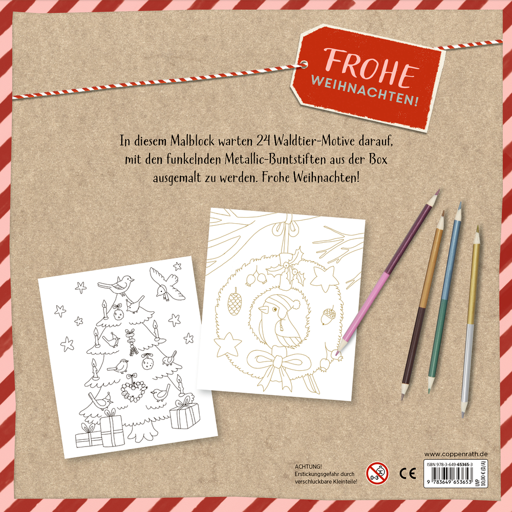 Zwei Ausmalbilder mit weihnachtlichen Motiven und fünf Metallic-Buntstiften auf brauner Malbuchrückseite.