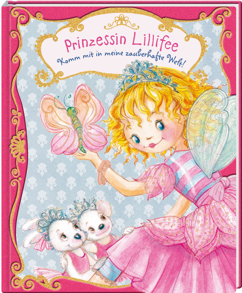 Prinzessin Lillifee in einem rosa Kleid mit Schmetterling, begleitet von zwei gekrönten weißen Mäusen.