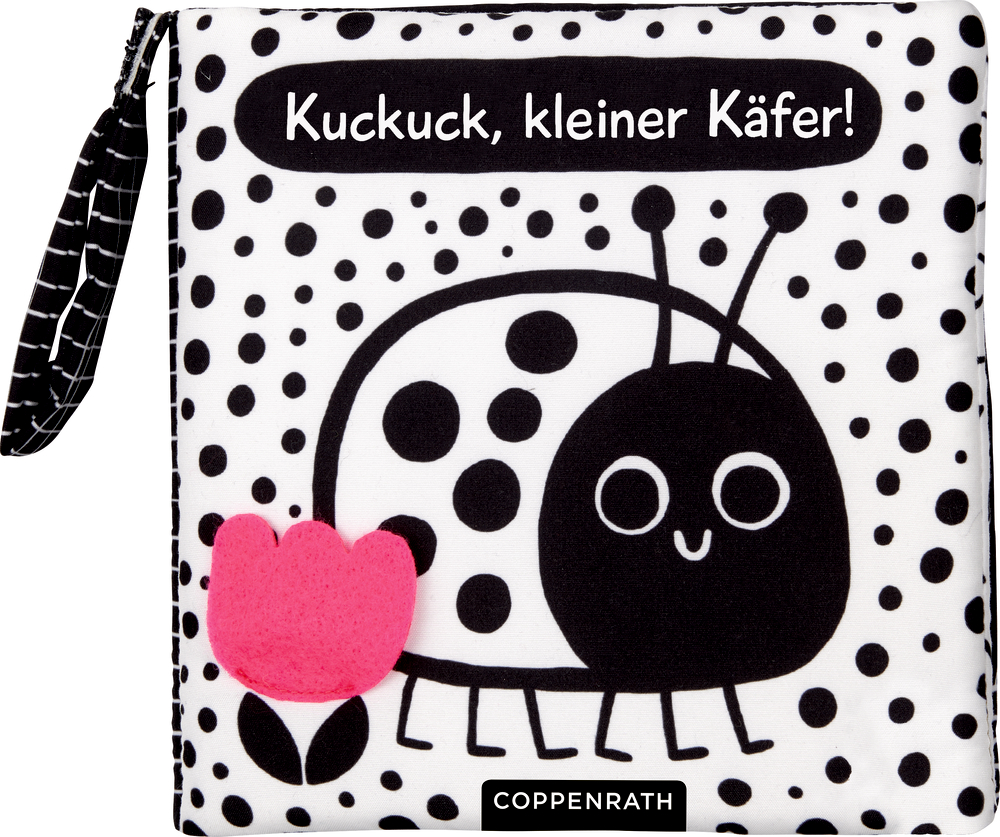 Stoff-Babybuch mit Marienkäfer, pinker Blume und dem Titel des Covers „Kuckuck, kleiner Käfer!“.