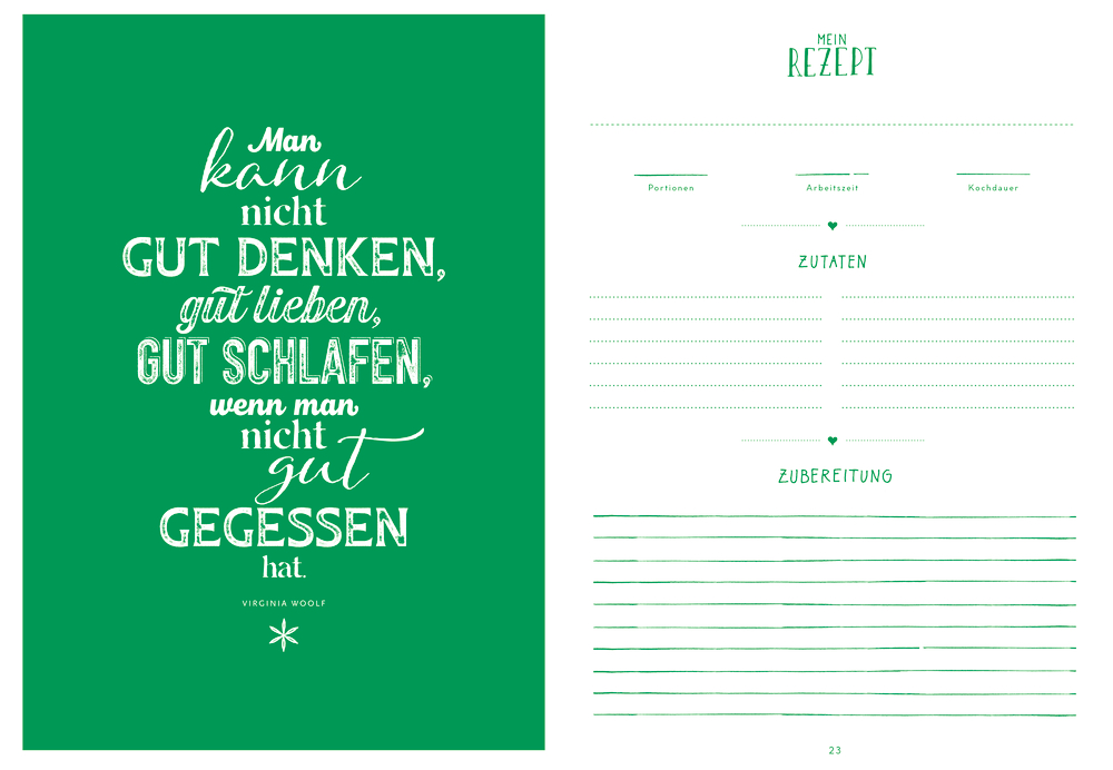 Doppelseitige Innenansicht: GrÃ¼n-weiÃŸ linierte Rezeptvorlage mit einem Esszitat auf der linken Seite auf grünem Hintergrund.