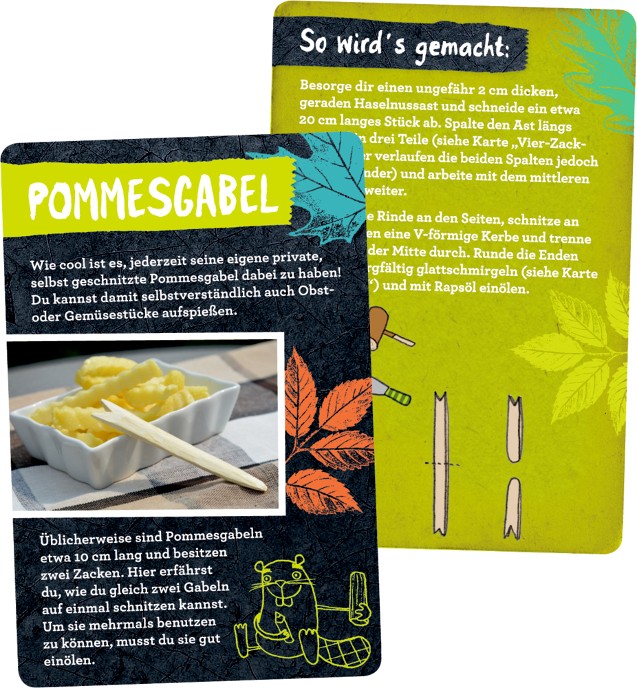 Zwei Illustrationen zeigen eine selbstgemachte Holzgabel und Pommes in einer weißen Schale.