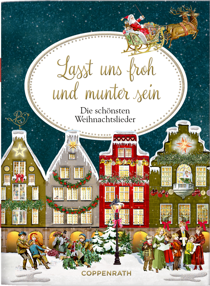 Cover auf dem festliche Häuser, der Schlitten des Weihnachtsmanns und Weihnachtslieder unter dem Titel „Lasst uns froh und munter sein“ abgebildet sind.