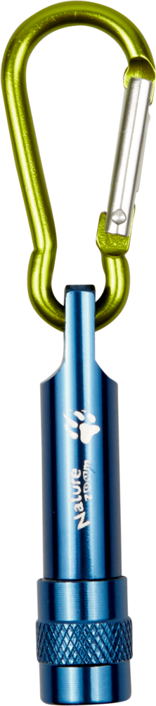Blaue Taschenlampe aus Metall mit einem grünen Karabinerhaken an der Oberseite.