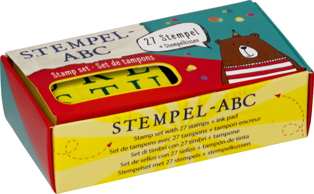 Bunte Box mit Aufschrift STEMPEL-ABC, 27 Stempel mit Buchstaben, Stempelkissen, Bärenabbildung.