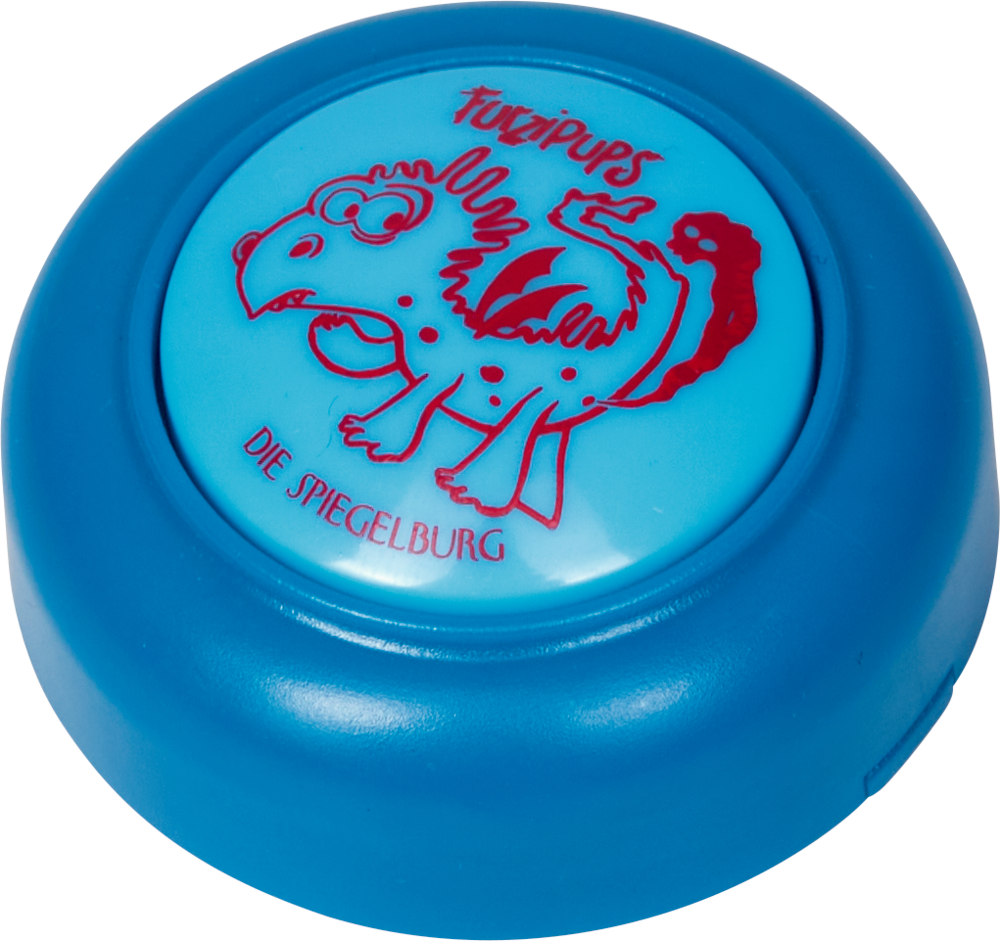 Blauer Button mit einem roten Cartoon-Dinosaurier und dem Text „Furzipups“ und „Die Spiegelburg“.