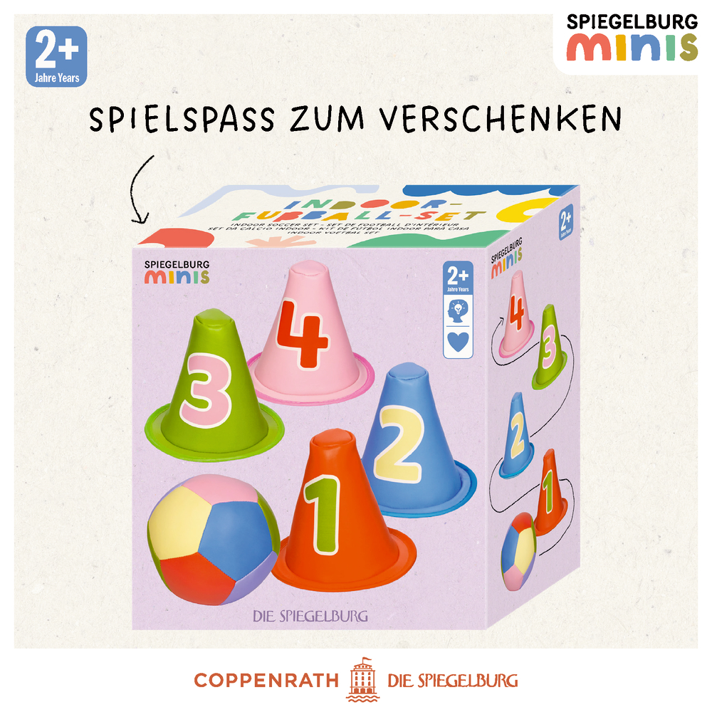 Verpackung eines Spiegelburg-Minis-Sets mit buntem Ball und vier farbigen Hütchen mit den Zahlen 1 bis 4.