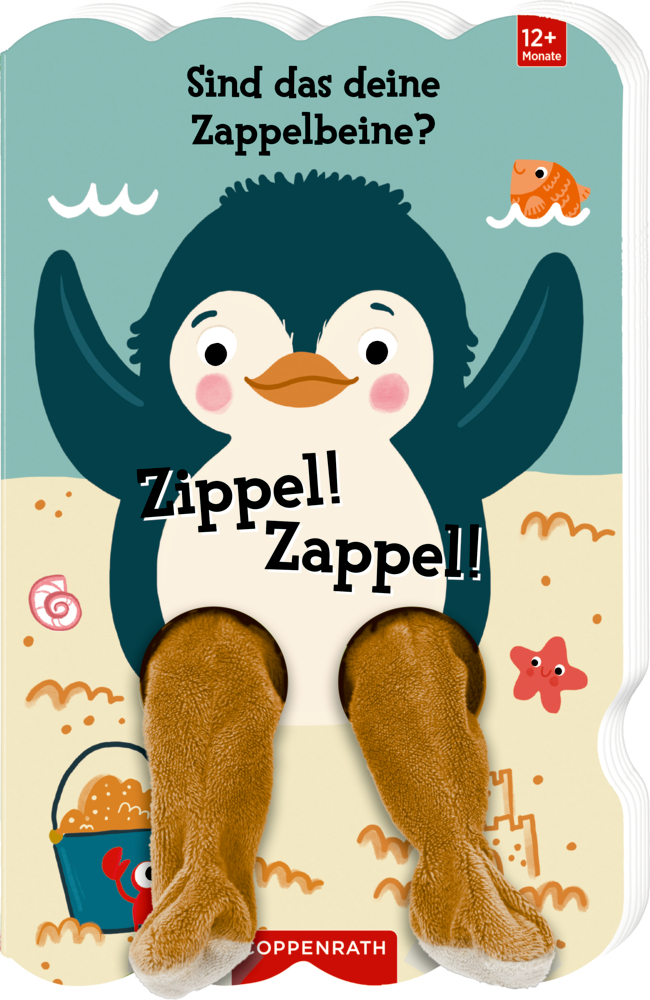 Eine Pinguinzeichnung mit Plüschbeinen am Strand, Text: Sind das deine Zappelbeine?.