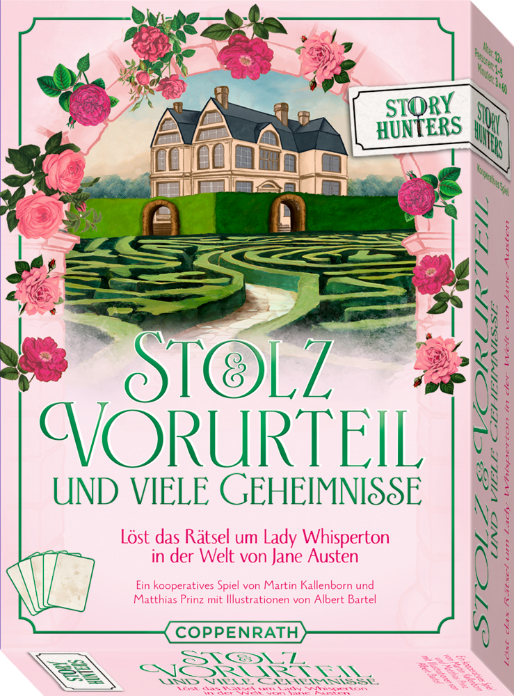 Brettspielbox: Herrenhaus, Gartenlabyrinth, rosa Rosen, r Text, inspiriert von Jane Austens „Stolz und Vorurteil“.